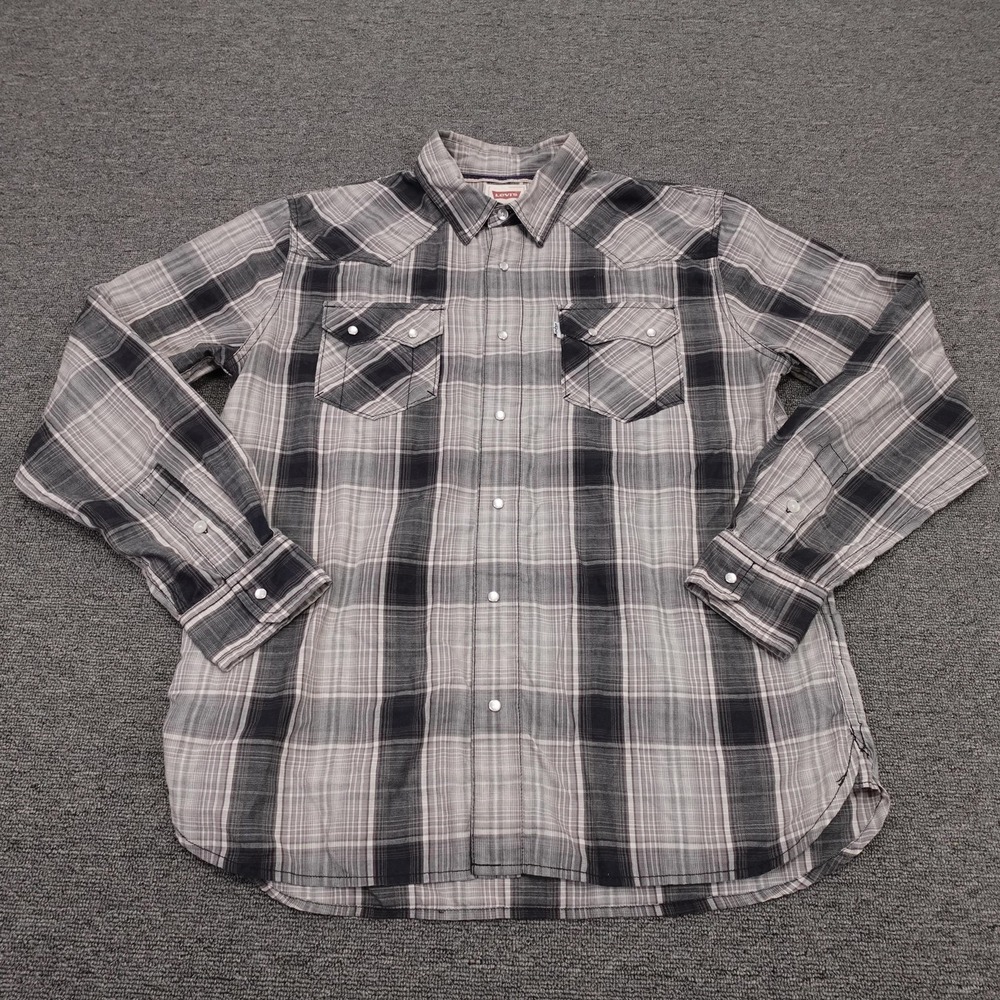 Levis Shirt Mens Medium Gray Plaid Long Sleeve Western Snap Cowboy Casual Woven